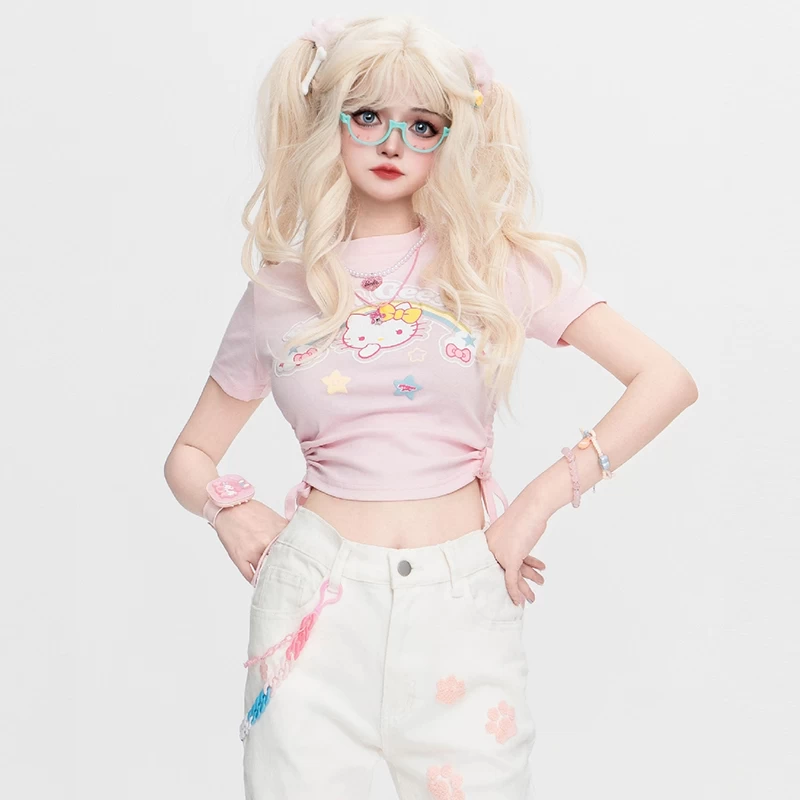 Kawaii Sweet Style Pink Hello Kitty Printed Round Neck T-shirt 3 Kawaii Sweet Style Pink Hello Kitty Printed Round Neck T-shirt