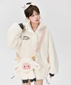 Kawaii White Cartoon Little Sheep Design Hoodie -Kawaii Fashion Shop Kawaii White Cartoon Little Sheep Design Hoodie 5