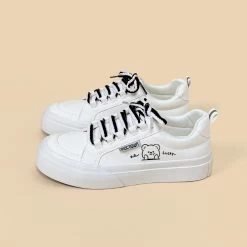 Kawaii White Simple Style Cartoon Bear Print Sneakers -Kawaii Fashion Shop Kawaii White Simple Style Cartoon Bear Print Sneakers 1