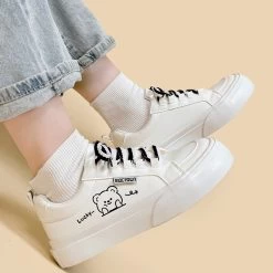 Kawaii White Simple Style Cartoon Bear Print Sneakers -Kawaii Fashion Shop Kawaii White Simple Style Cartoon Bear Print Sneakers 4