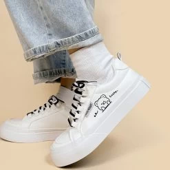 Kawaii White Simple Style Cartoon Bear Print Sneakers -Kawaii Fashion Shop Kawaii White Simple Style Cartoon Bear Print Sneakers 6