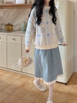 Kawaii Y2k Blue Lace Split Skirt