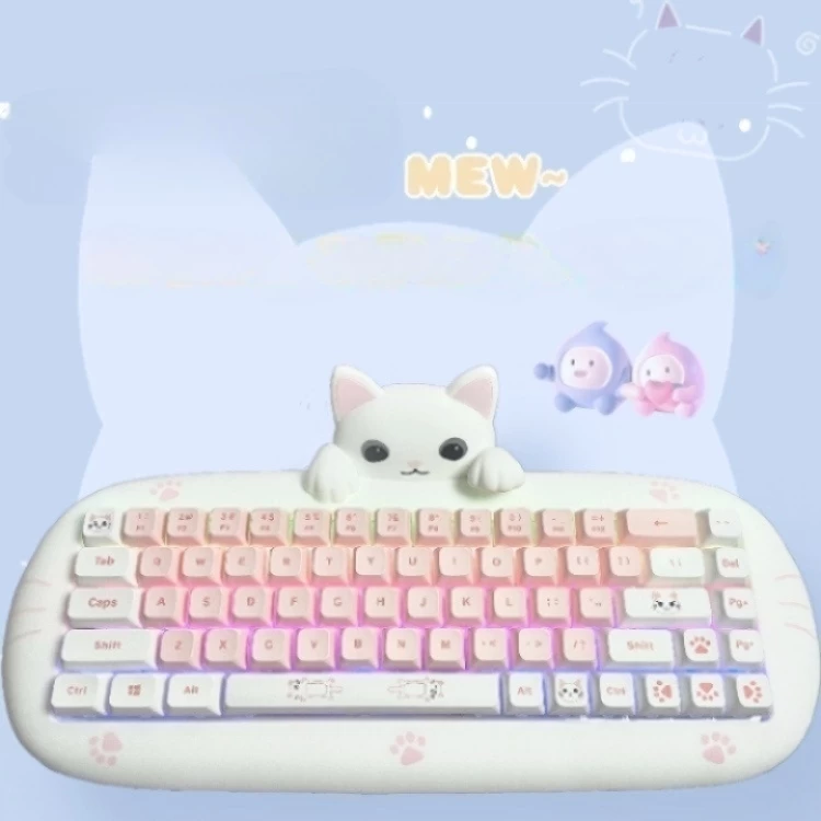 Kawaii Cat-Shaped Pink Wireless Bluetooth Mechanical Keyboard 4 Kawaii Cat-Shaped Pink Wireless Bluetooth Mechanical Keyboard - Image 2
