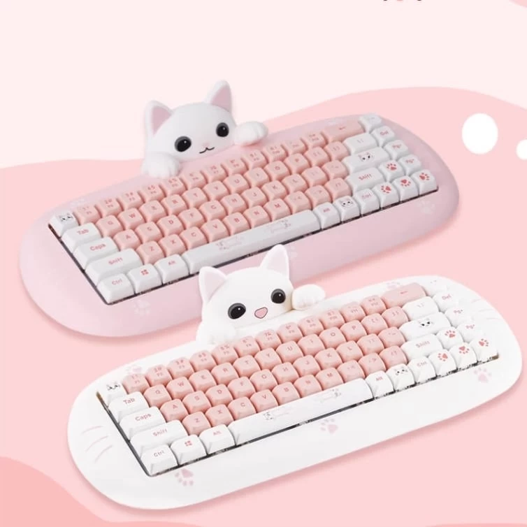 Kawaii Cat-Shaped Pink Wireless Bluetooth Mechanical Keyboard 3 Kawaii Cat-Shaped Pink Wireless Bluetooth Mechanical Keyboard