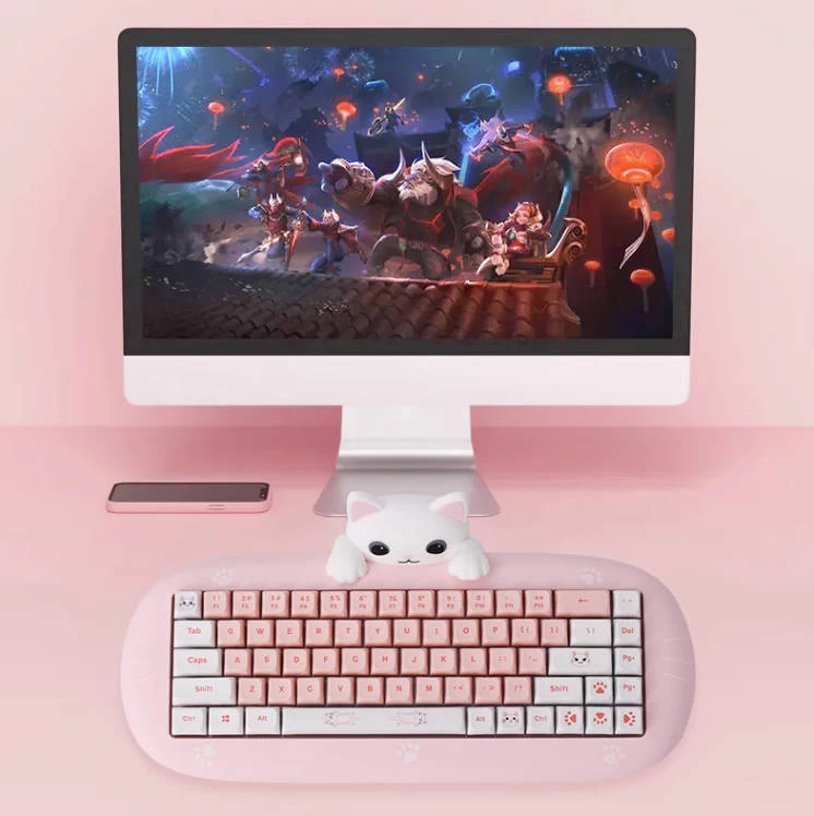 Kawaii Cat-Shaped Pink Wireless Bluetooth Mechanical Keyboard 5 Kawaii Cat-Shaped Pink Wireless Bluetooth Mechanical Keyboard - Image 3