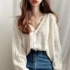 Hollow V-neck Long Sleeve Knit Sweater 1 Hollow V-neck Long Sleeve Knit Sweater -Kawaii Fashion Shop Knit Cardigan Women Autumn 2020 Female Vintage Long Sleeve Single Breasted Button Up Geometric Sweater Lady