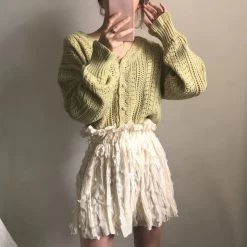 Hollow V-neck Long Sleeve Knit Sweater -Kawaii Fashion Shop Knit Cardigan Women Autumn 2020 Female Vintage Long Sleeve Single Breasted Button Up Geometric Sweater Lady 2