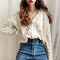 Hollow V-neck Long Sleeve Knit Sweater -Kawaii Fashion Shop Knit Cardigan Women Autumn 2020 Female Vintage Long Sleeve Single Breasted Button Up Geometric Sweater Lady 5