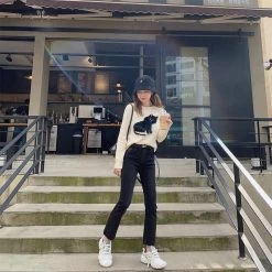 Kawaii Cat Pattern Sweater -Kawaii Fashion Shop Knitted Cat Pattern Black Sweater Round Collar Long Sleeve Fashionable Autumn Women s Clothing Soft Pullover 4