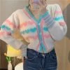 Kawaii Double Color Heart Knitted Short Cardigan -Kawaii Fashion Shop Knitted Long Sleeve Sweater Women Pull Femme Cardigans Woman Single breasted Female Korean Fashion Crop Top