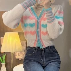 Kawaii Double Color Heart Knitted Short Cardigan 10 Kawaii Double Color Heart Knitted Short Cardigan -Kawaii Fashion Shop Knitted Long Sleeve Sweater Women Pull Femme Cardigans Woman Single breasted Female Korean Fashion Crop Top 2