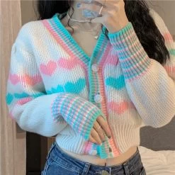 Kawaii Double Color Heart Knitted Short Cardigan 12 Kawaii Double Color Heart Knitted Short Cardigan -Kawaii Fashion Shop Knitted Long Sleeve Sweater Women Pull Femme Cardigans Woman Single breasted Female Korean Fashion Crop Top 4