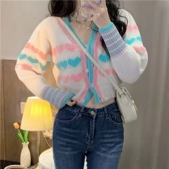 Kawaii Double Color Heart Knitted Short Cardigan 13 Kawaii Double Color Heart Knitted Short Cardigan -Kawaii Fashion Shop Knitted Long Sleeve Sweater Women Pull Femme Cardigans Woman Single breasted Female Korean Fashion Crop Top 5