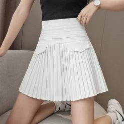 Korean White A-Line Pleated Skirts -Kawaii Fashion Shop Korean Fashion Women White Pleated Slim Mini Skirt Female High Waist Fake Pocket Casual A Line 2