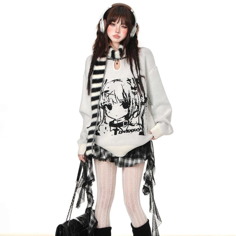 Korean Lazy Style Simulated Line Comic Girl Printed Sweater 8 Korean Lazy Style Simulated Line Comic Girl Printed Sweater - Image 6