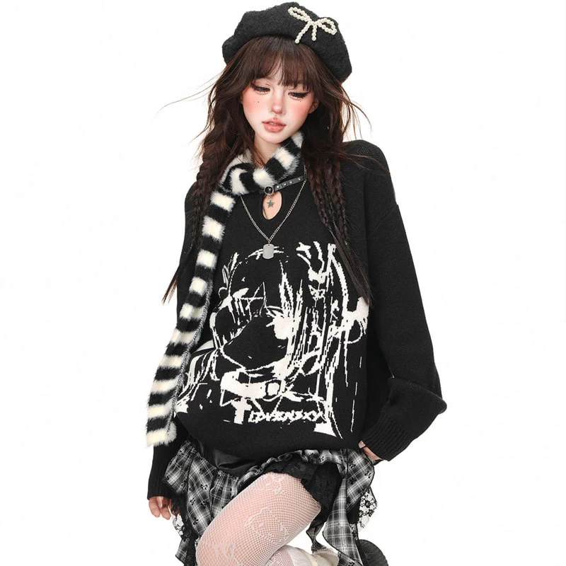 Korean Lazy Style Simulated Line Comic Girl Printed Sweater 6 Korean Lazy Style Simulated Line Comic Girl Printed Sweater - Image 4