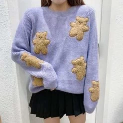 Kawaii Cartoons Bear Loose Sweater -Kawaii Fashion Shop Korean Loose Sweater Women Cartoons Cute Bear Kawaii Pullovers Japanese Knitting Jumpers Female Winter Long Sleeve 5