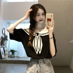 Kawaii Preppy Style Sailor Collar Shirt -Kawaii Fashion Shop Korean Popular T shirt Women Design Sense niche Summer 2021 New Short Sleeved Navy Collar Sweet 2