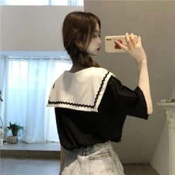 Kawaii Preppy Style Sailor Collar Shirt -Kawaii Fashion Shop Korean Popular T shirt Women Design Sense niche Summer 2021 New Short Sleeved Navy Collar Sweet 3