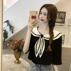 Kawaii Preppy Style Sailor Collar Shirt -Kawaii Fashion Shop Korean Popular T shirt Women Design Sense niche Summer 2021 New Short Sleeved Navy Collar Sweet 5