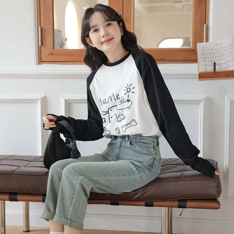 Korean Style Cartoon Puppy Print Round Neck Long Sleeve T-shirt 4 Korean Style Cartoon Puppy Print Round Neck Long Sleeve T-shirt - Image 2