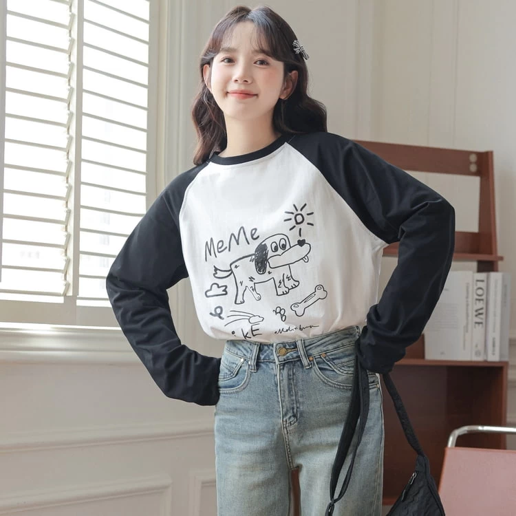 Korean Style Cartoon Puppy Print Round Neck Long Sleeve T-shirt 9 Korean Style Cartoon Puppy Print Round Neck Long Sleeve T-shirt - Image 7