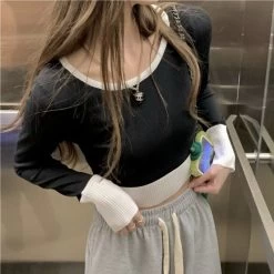 Korean Double Color Short Sweater 10 Korean Double Color Short Sweater -Kawaii Fashion Shop Korean Style Contrast Color Stitching Long sleeved T shirt Women 2022 Spring New College Style Tight 2
