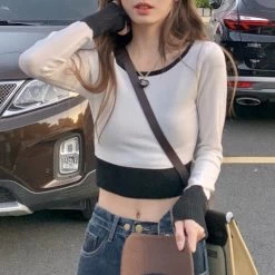 Korean Double Color Short Sweater 11 Korean Double Color Short Sweater -Kawaii Fashion Shop Korean Style Contrast Color Stitching Long sleeved T shirt Women 2022 Spring New College Style Tight 3