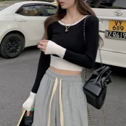 Korean Double Color Short Sweater 12 Korean Double Color Short Sweater -Kawaii Fashion Shop Korean Style Contrast Color Stitching Long sleeved T shirt Women 2022 Spring New College Style Tight 4