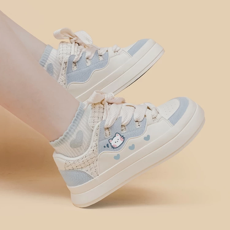 Korean Style Cute Style Blue Cartoon Kitten Print Low-top Sneakers 4 Korean Style Cute Style Blue Cartoon Kitten Print Low-top Sneakers - Image 2