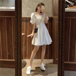 Korean Sweet A-LINE Mini Dress -Kawaii Fashion Shop Korean Style Dress Sweet Bow Puff Sleeve A LINE Mini Dress Summer Square Collar White Casual 2