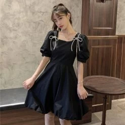Korean Sweet A-LINE Mini Dress -Kawaii Fashion Shop Korean Style Dress Sweet Bow Puff Sleeve A LINE Mini Dress Summer Square Collar White Casual 4
