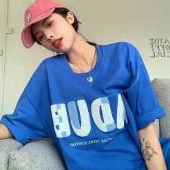 Simple Blue Towel Embroidered Letter T-shirt -Kawaii Fashion Shop Korean Style New Arrival Summer Women All matched Casual Loose Short Sleeve T Shirt Letter Patchwork 2