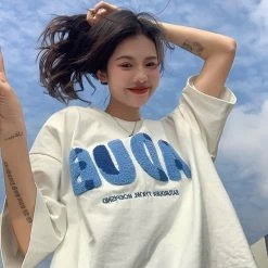 Simple Blue Towel Embroidered Letter T-shirt