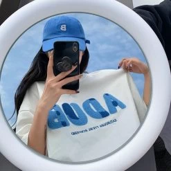 Simple Blue Towel Embroidered Letter T-shirt -Kawaii Fashion Shop Korean Style New Arrival Summer Women All matched Casual Loose Short Sleeve T Shirt Letter Patchwork 3