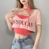 Sweet Letters Print Loose Two-piece Tops 2 Sweet Letters Print Loose Two-piece Tops -Kawaii Fashion Shop Korean Style Women Tops 2022 Summer New Print Letter Pleated Backless Lace Up Knot Blouse Two 2
