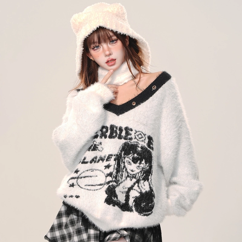 Korean Sweet Girl Style Cartoon Comic Embroidery V-neck Sweater 8 Korean Sweet Girl Style Cartoon Comic Embroidery V-neck Sweater - Image 6