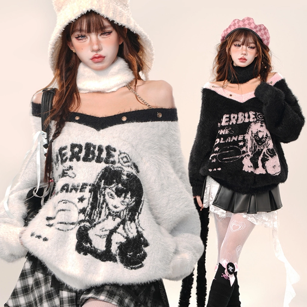 Korean Sweet Girl Style Cartoon Comic Embroidery V-neck Sweater 3 Korean Sweet Girl Style Cartoon Comic Embroidery V-neck Sweater