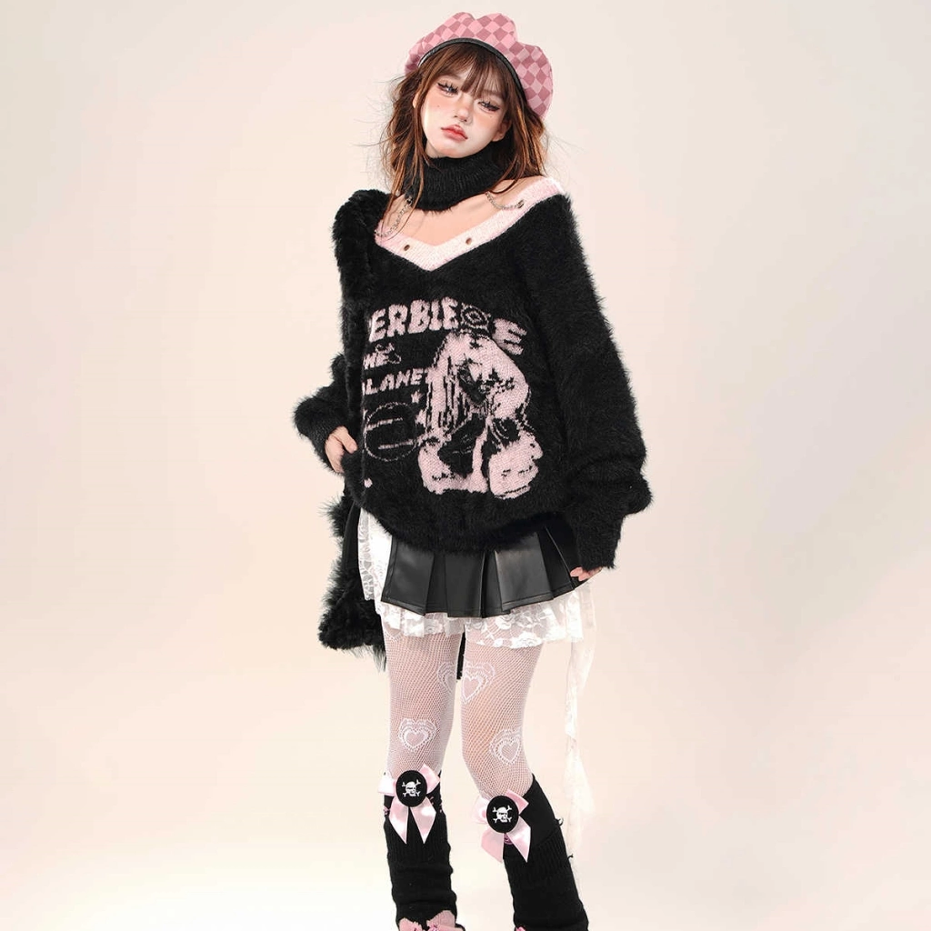 Korean Sweet Girl Style Cartoon Comic Embroidery V-neck Sweater 6 Korean Sweet Girl Style Cartoon Comic Embroidery V-neck Sweater - Image 4