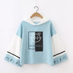Japanese Musical Note Printed Color Block Hoodie -Kawaii Fashion Shop Kpop Harajuku Cute Cat Hoodies Women Casual Clothes Japanese Kawaii Graphic Pullover Mori Girl Lovely Anime 3