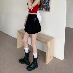 JK Double-layer A-line Pleated Skirt -Kawaii Fashion Shop Lace up half length skirt spring and summer new high waist retro hollow out a line 2
