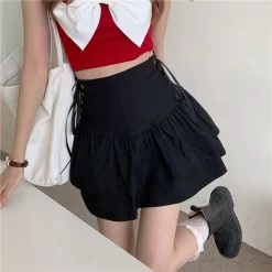 JK Double-layer A-line Pleated Skirt -Kawaii Fashion Shop Lace up half length skirt spring and summer new high waist retro hollow out a line 5