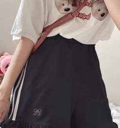 Kawaii Bow Aesthetic Loose High Waist Shorts -Kawaii Fashion Shop Ladies Summer Kawaii Bow Embroidery Elastic High Waist Wide Letg Shorts Women Jk Lolita Sweet Cute 2
