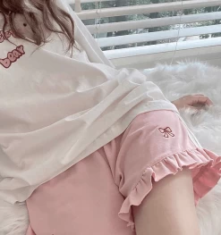 Kawaii Bow Aesthetic Loose High Waist Shorts -Kawaii Fashion Shop Ladies Summer Kawaii Bow Embroidery Elastic High Waist Wide Letg Shorts Women Jk Lolita Sweet Cute 4