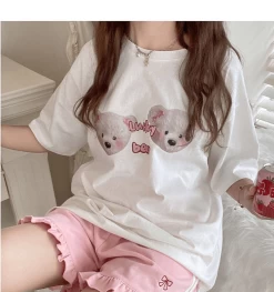 Kawaii Bow Aesthetic Loose High Waist Shorts -Kawaii Fashion Shop Ladies Summer Kawaii Bow Embroidery Elastic High Waist Wide Letg Shorts Women Jk Lolita Sweet Cute 5