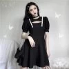 Gothic Hollow Out Oversize Dress -Kawaii Fashion Shop Lady Buckle Strap Pleated Dresses Short Sleeve Slim Goth Rock Hipster Party Streetwear Black Gothic Women