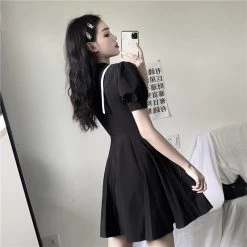 Gothic Hollow Out Oversize Dress -Kawaii Fashion Shop Lady Buckle Strap Pleated Dresses Short Sleeve Slim Goth Rock Hipster Party Streetwear Black Gothic Women 2