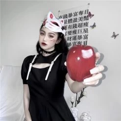 Gothic Hollow Out Oversize Dress -Kawaii Fashion Shop Lady Buckle Strap Pleated Dresses Short Sleeve Slim Goth Rock Hipster Party Streetwear Black Gothic Women 3