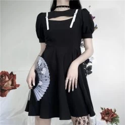 Gothic Hollow Out Oversize Dress -Kawaii Fashion Shop Lady Buckle Strap Pleated Dresses Short Sleeve Slim Goth Rock Hipster Party Streetwear Black Gothic Women 5