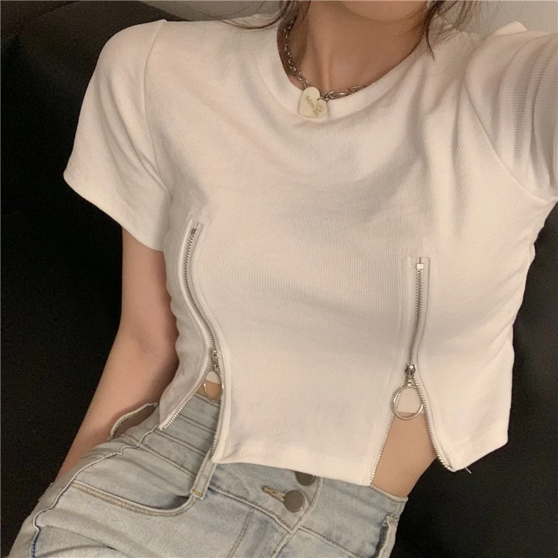 Sexy Double Zip Short Sleeved Crop Top 6 Sexy Double Zip Short Sleeved Crop Top - Image 4